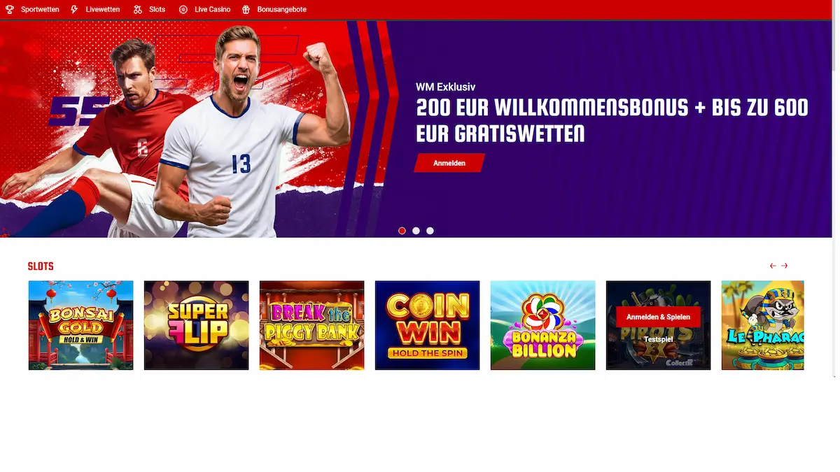55bet Casino Startseite – Spielelobby mit Slots und Live-Casino